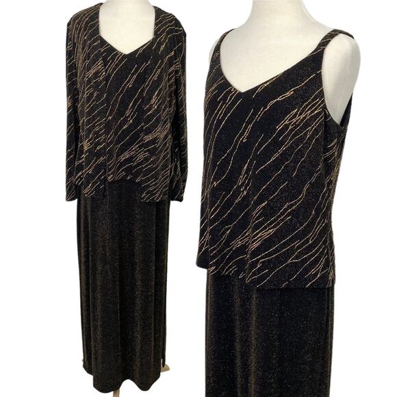 Vintage Alex Evenings Gown & Jacket Set Black Gold Metallic Design Layered 16 - Picture 2 of 16